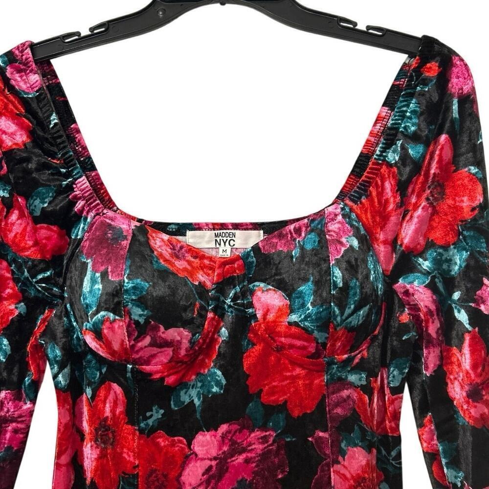 MADDEN NYC Velvet Pink & Red Floral Scoop Neck Coquette Mini Dress Size Medium - Picture 5 of 12